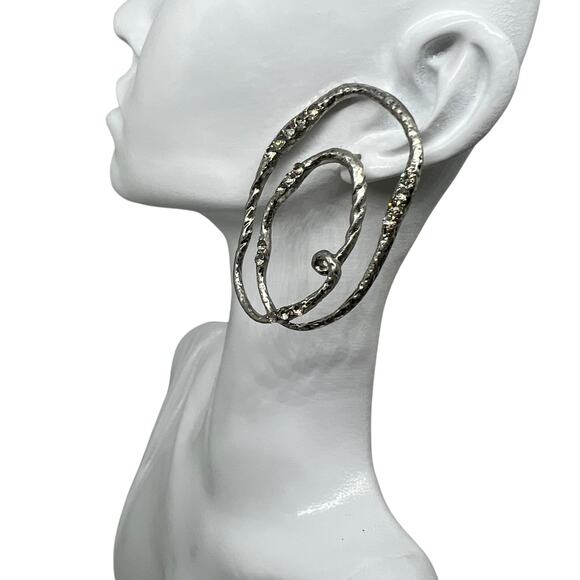 Vintage Silver Spiral Statement Earring - Abstract Hammered Metal with Crystals - Picture 4 of 8